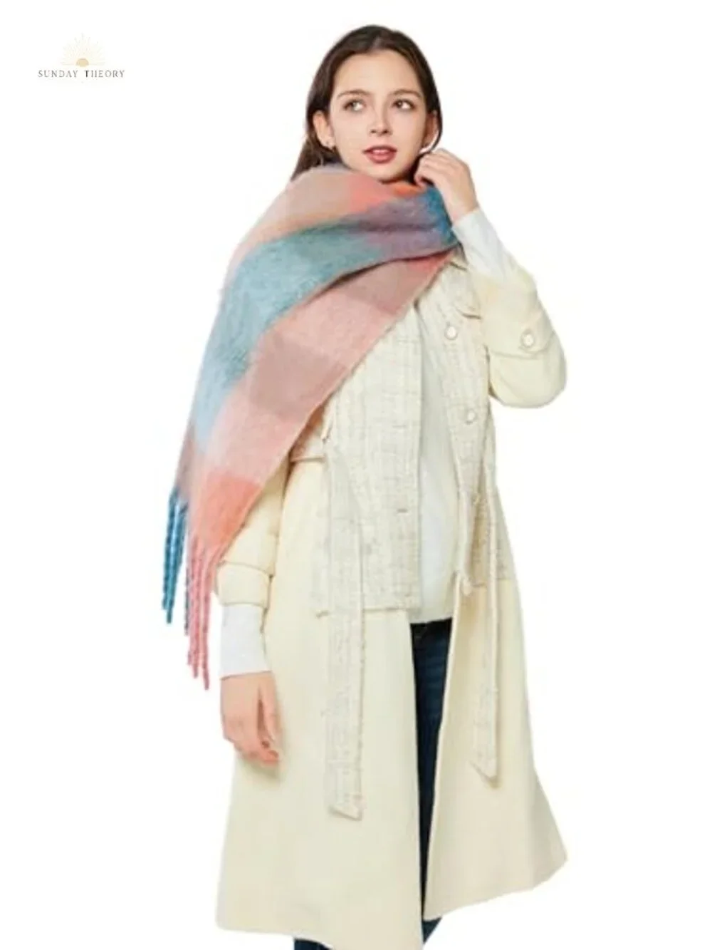 Oversized Plaid Fringe Scarf Cashmere Feeling Winter Wrap